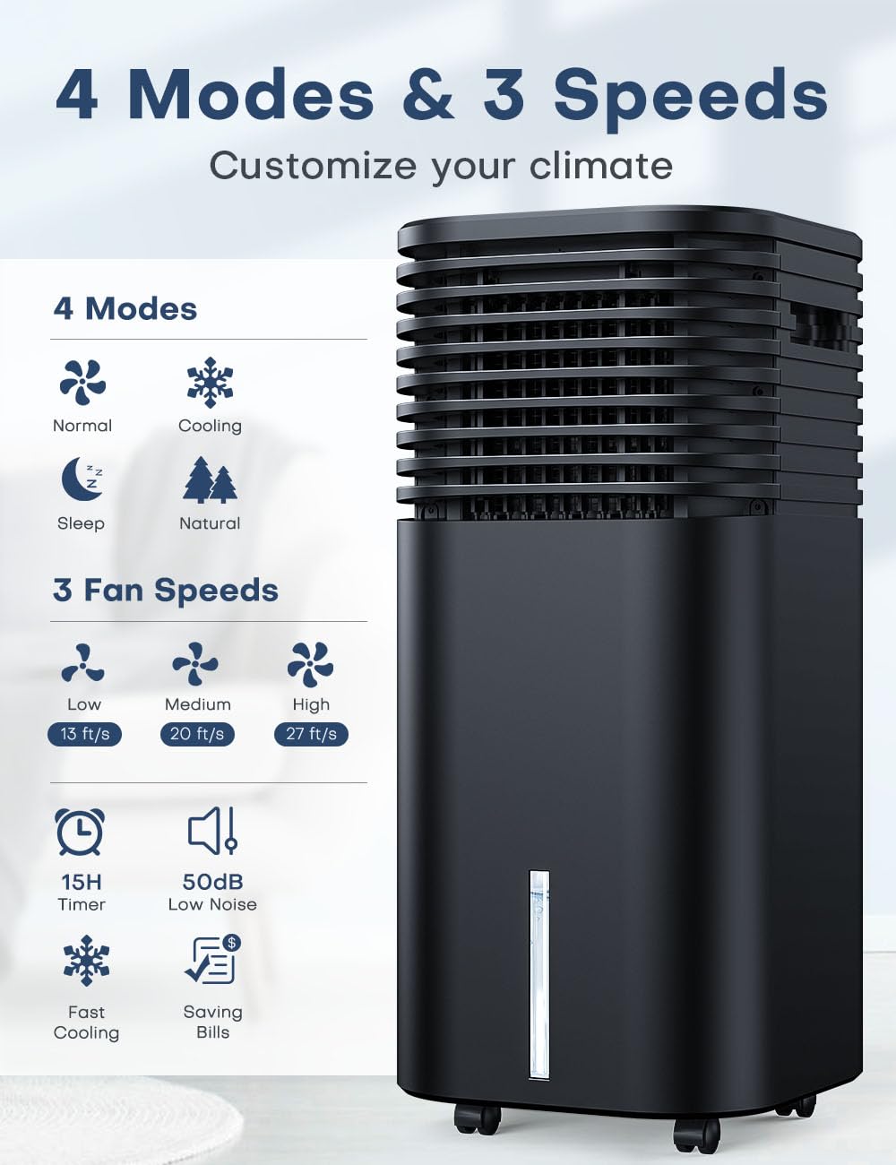 Temeike 4 In 1 Portable Air Conditioners, Evaporative Air Cooler W/ 4 Modes & 3 Speeds, 15H Timer For Smart Auto Off, 2 Gal Tank